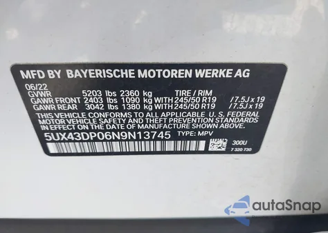 2022 BMW X3 Sdrive30I из США, поврежденный, VIN 5UX43DP06N9N13745